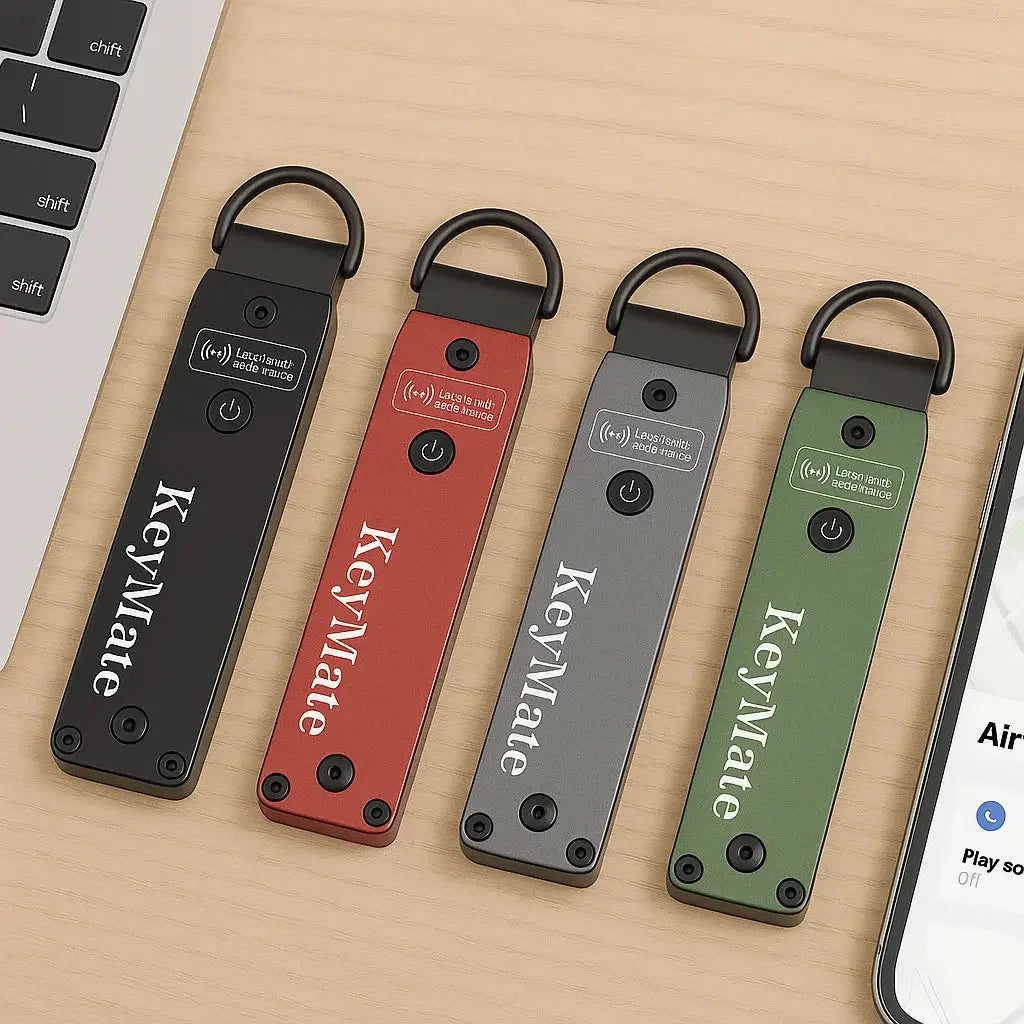KeyMate kulcskereső eszközök fekete, piros, szürke, zöld színben asztalon, laptop mellett