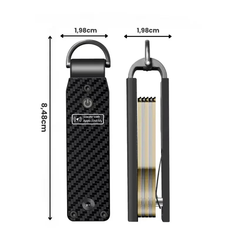 Karbon mintás kulcstartó okos kulcstartó méretekkel, Apple Find My támogatással.