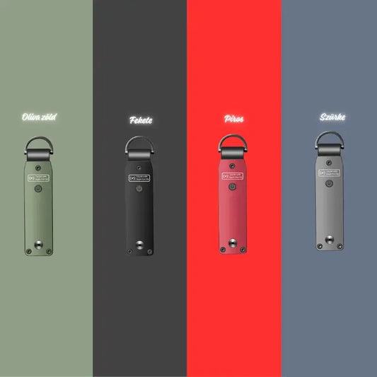 Négy színű kulcstartó: olívazöld, fekete, piros, szürke változat egymás mellett.